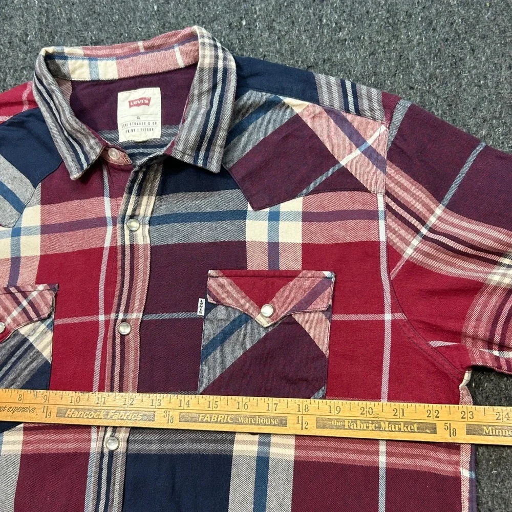 Levis Western Shirt XL Mens Red‎ Blue Plaid Pearl Snap Flannel Americana Rugged